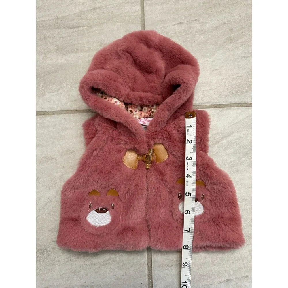 Little Lass Baby Girl Pink Plush Hooded Baby Vest Bear Pockets Size 0-3M Cute